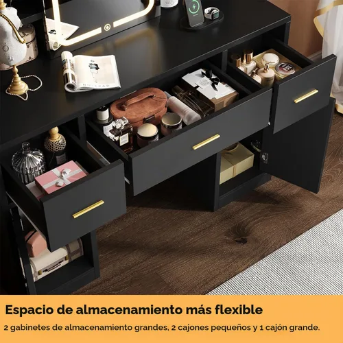 Vista 8 de knoworld - Escritorio de tocador con espejo deslizante y luces LED, mesa de maquillaje inteligente con estación de carga, soporte para secador
