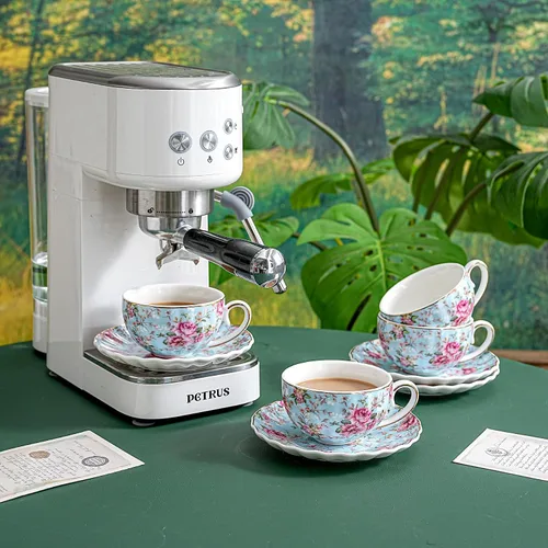 Vista 4 de Agyiuns Taza de té y platillos, tazas de té floral de 6.4 onzas con borde dorado, taza de té de porcelana, tazas de café capuchino espresso con Azul