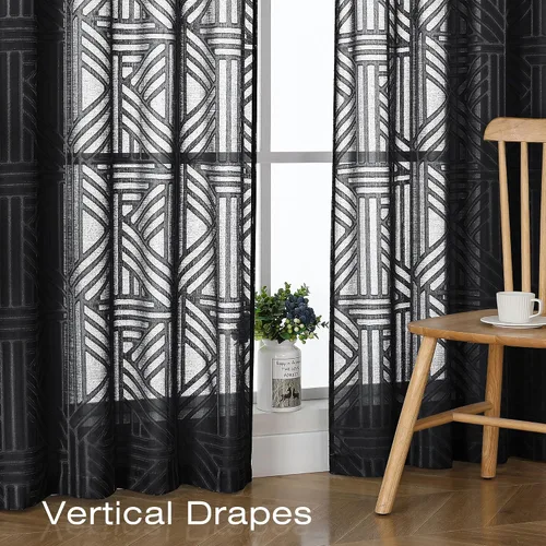 Vista 6 de Simplebrand Cortinas traslúcidas negras de cocina de 24 pulgadas de largo, 2 paneles, filtrado de luz, geométrico jacquard con textura, cortinas
