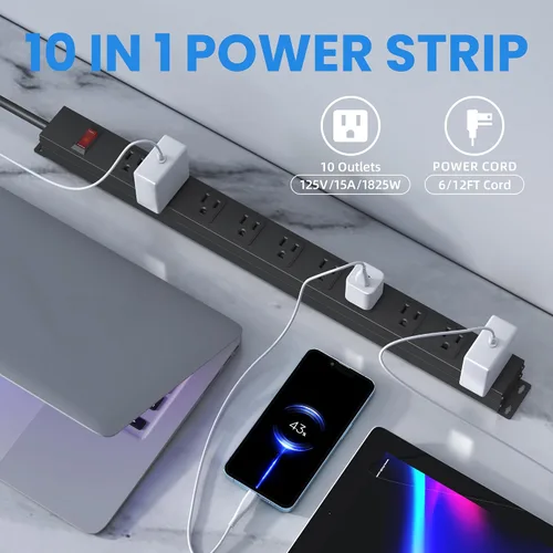 Vista 2 de Tira de alimentación de 10 tomas de 6 pies de largo, cable de extensión resistente para montaje en pared, enchufe de metal para cocina, oficina