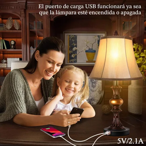 Vista 3 de Juego de 2 lámparas de mesa tradicionales con control táctil, lámparas de noche vintage con puertos de carga USB duales, lámparas de escritorio