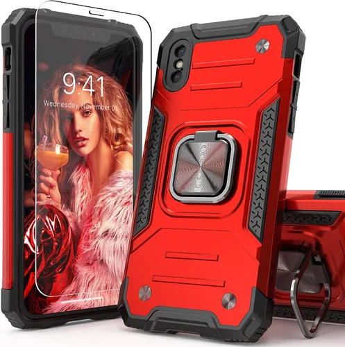 Vista 14 de Funda protectora ligera para iPhone Xs con protector de pantalla, absorción de golpes, resistente a prueba de caídas con soporte para automóvil