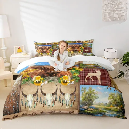 Vista 28 de Juego de funda de edredón para niños de ciervo, oso, lobo, tamaño individual, juego de ropa de cama de cabaña de aventura para niños, niñas