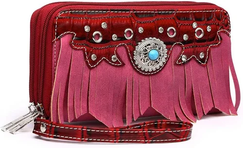 Vista 2 de Estilo occidental Fringe Classic Concho Studded Mujer Cartera Cartera de embrague, Borgoña