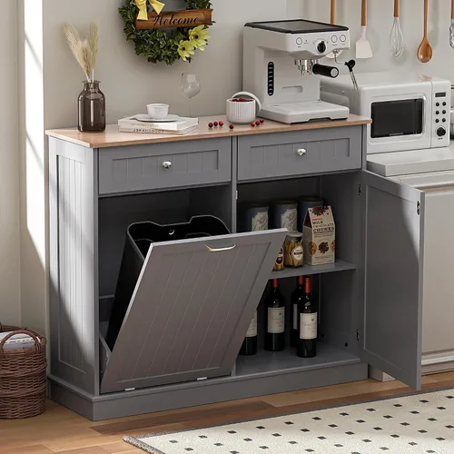 Vista 8 de Spurgehom Gabinete de basura inclinable de 13 galones, cubos de basura de cocina, armario de basura moderno con estante ajustable y cajones ocultos