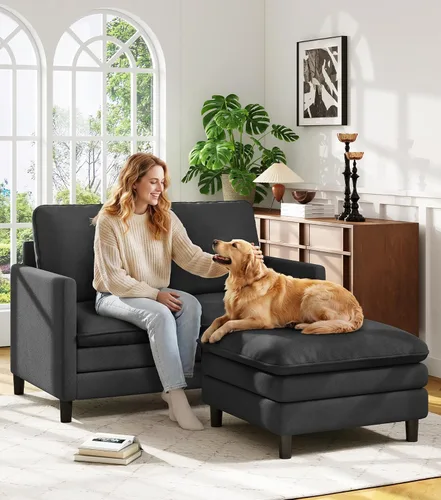 Vista 41 de Welzona Loveseat, 51" Small L Shaped Couch, Comfy Teddy Love Seat with Ottoman Set, Tool-Free Setup Loveseat Sofa with Ottoman, All-Wood Small Sofa