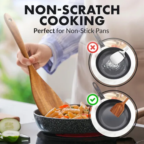 Vista 5 de Zulay Kitchen Juego de 5 cucharas de madera extragrandes - Utensilios de cocina de teca lisa - Cucharón, espátula, espumadera, tenedor, cuchara