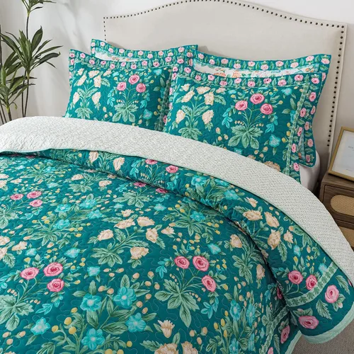 Vista 18 de HoneiLife - Juego de edredón de 3 piezas, colcha ligera de microfibra, diseño de flores silvestres, cubrecamas ligero y botánico, para todas