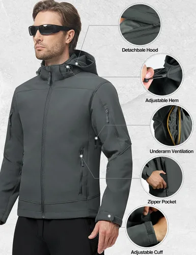 Vista 3 de FREE SOLDIER Chaqueta de senderismo Softshell para hombre, impermeable, con capucha, táctica, cazadora