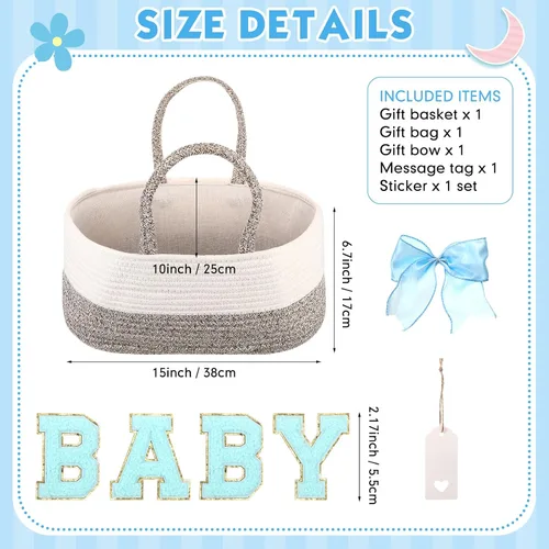 Vista 2 de Beeveer Organizador de pañales con lazo portátil de cuerda de algodón, bolsa de almacenamiento para cambiador, guardería, baby shower (azul)