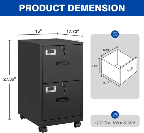 Vista 3 de BYNSOE - Archivador de 2 cajones con cerradura, archivador vertical de metal con ruedas, archivador móvil para oficina, hogar
