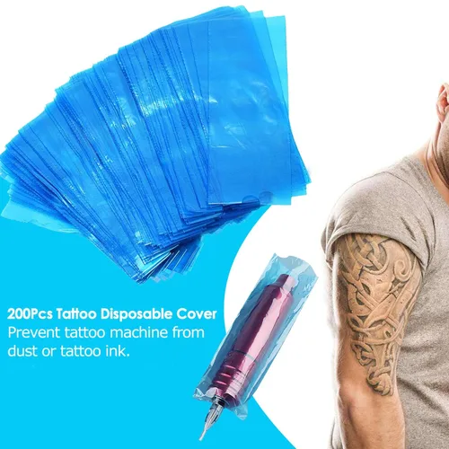 Vista 6 de 200 unids Clear Tattoo Machine Pen Covers Tattoo Pen Sleeves Plastic Dust Protection Blue Bags for Tattoo Professionals