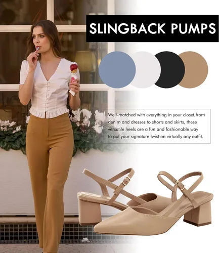 Vista 6 de Coutgo Zapatos de tacón bajo y grueso para mujer, tacón puntiagudo cerrado, para boda, fiesta, vestido