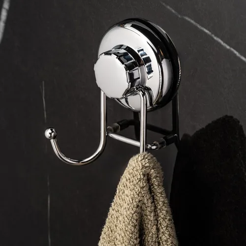 Vista 2 de Hasko Accessories Superpoderoso soporte cromado para percha, con ventosa de succión al vacío. Organizador para toallas, bata de baño y esponja