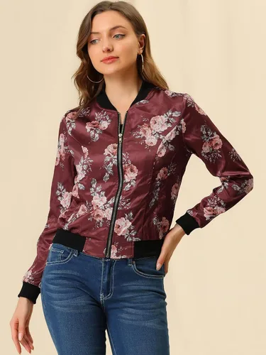 Vista 2 de Allegra K Campera abombada informal, con estampado floral, con cierre, con cuello levantado, de mangas largas, para mujer.