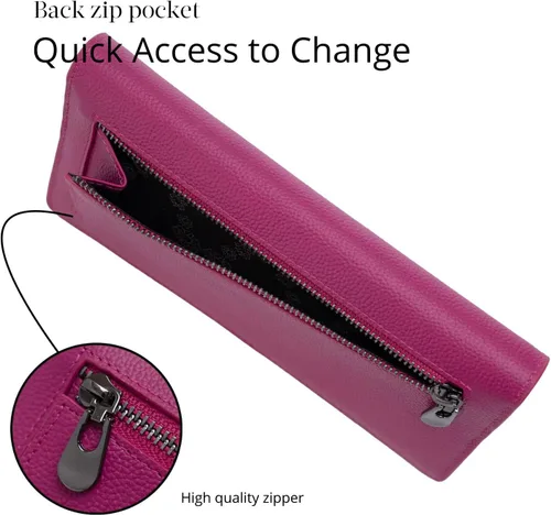 Vista 4 de Bveyzi Billeteras de cuero ultrafino con bloqueo RFID para tarjetas de crédito, billetera plegable para mujer, Rosa encendido