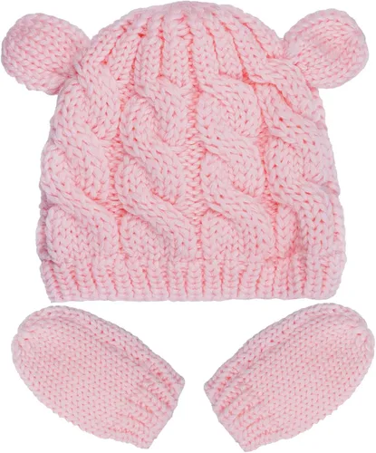 Vista 3 de Juego de 2 gorros de invierno para recién nacidos, guantes para bebés, niñas y niños pequeños, cálidos sombreros de punto, guantes de otoño