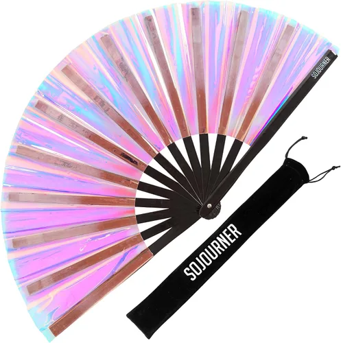 Vista 11 de SoJourner Bags Rave Fan – Abanico plegable grande – Abanico de mano Clack para raves, Halloween, Burlesque, atuendos arcoíris para mujeres