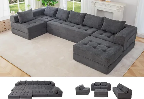 Vista 13 de MAXYOYO Sofá modular seccional, sofá plegable en forma de U con almohadas, sofá tumbona copetudo de 6 asientos sin huesos para sala de estar,