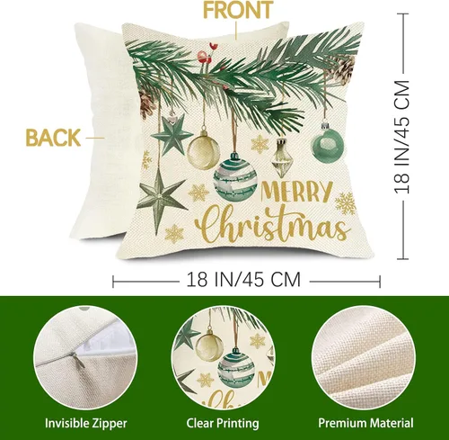 Vista 3 de Juego de 4 fundas de almohada decorativas de árbol de pino de Navidad de 18 x 18 pulgadas, bolas de alegría de Navidad, copos de nieve dorados