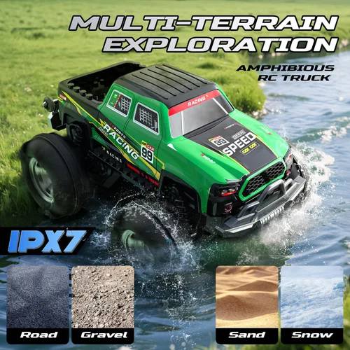 Vista 6 de DEERC BG028 Camión monstruo anfibio RC/barco, coche de control remoto IPX7 impermeable con control por detección de gestos, coche RC de 2.4GHz 4WD