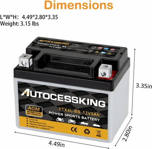 Vista 2 de Autocessking YTX4L-BS - Batería de motocicleta de 12V 3Ah recargable, libre de mantenimiento, sellada AGM, batería de reemplazo para Powersport, ATV
