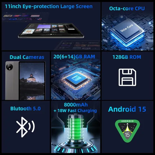 Vista 2 de Tablet Android 15 actualizada 2026, tabletas de 11 pulgadas, CPU Octa Core, 20GB+128GB+1TB de expansión, batería de 8000mAh + carga rápida de 18 W