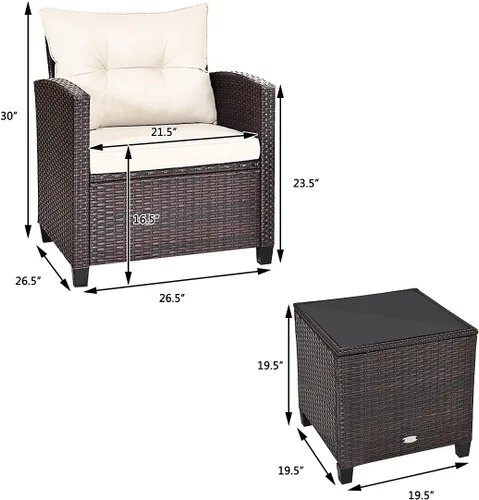 Vista 5 de Moderno juego de muebles de mimbre beige de 3 piezas para patio con cojines resistentes al agua y mesa de vidrio templado