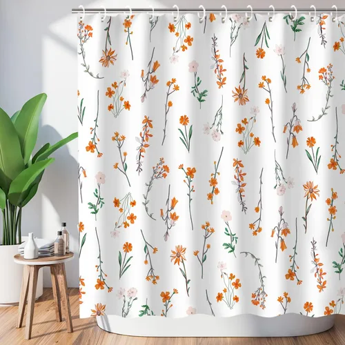 Vista 19 de LIVILAN Cortina de ducha con flores rosas y grises, cortinas de ducha florales de acuarela con ganchos, tela blanca y gris, decoración de baño