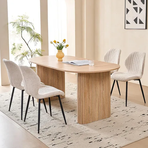Vista 20 de Juego de 4 mesas de comedor grandes de 63 pulgadas para 4, esquinas redondeadas, mesa de cocina rectangular moderna de madera con sillas Boucle