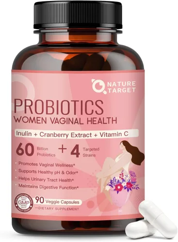 Vista 8 de NATURE TARGET Probióticos para mujeres, 60 mil millones de UFC con arándano, 70 cápsulas with Prebiotics, Cranberry & Vitamin C, Support Odor