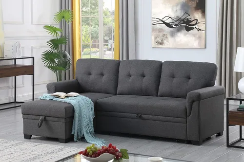 Vista 8 de Sofá cama modular convertible en forma de L de 84 pulgadas, sofá esquinero reversible tapizado de lino, sofá para 3 personas con diván
