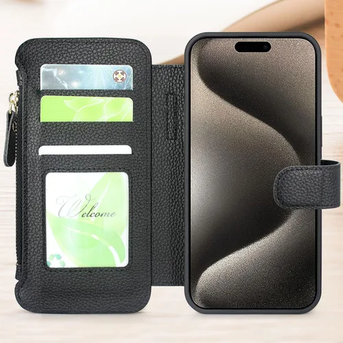 Vista 3 de Harryshell Funda compatible con iPhone 15 Pro con carga inalámbrica MagSafe con 3 ranuras para tarjetas, bolsillo con cremallera, bolsillo