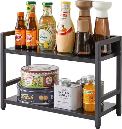Vista 2 de IBUYKE Estante de especias industrial de 2 niveles, organizador de almacenamiento de escritorio, estante de condimentos de pie para encimera, Negro