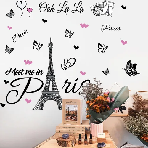 Vista 6 de Calcomanía de pared de la Torre Eiffel de París, calcomanía de pared autoadhesiva removible, decoración para dormitorio, cocina, oficina