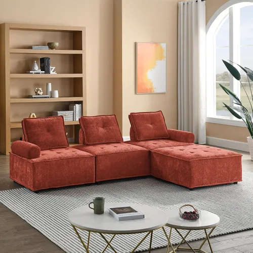 Vista 17 de Quarte Sofá seccional en forma de U, sofá modular con dos asientos individuales, dos sillas, combinación de bricolaje, tela de hilo en bucle Beige/5