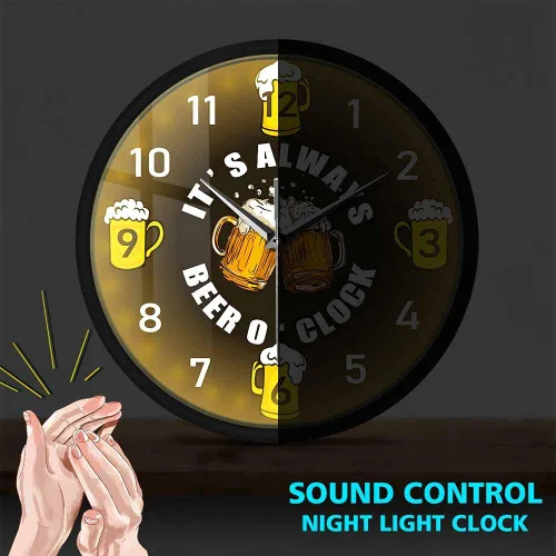 Vista 2 de Geek Alerts Beer o'Clock - Reloj de pared de taberna con control de sonido, luz LED, amantes de la cerveza, bebedor de cerveza, marco de metal