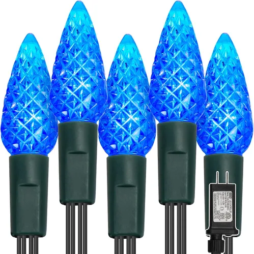 Vista 14 de WATERGLIDE Luces de Navidad C6, 100 luces LED de 33 pies, guirnalda de luces facetadas de alambre verde con adaptador seguro, 8 modos