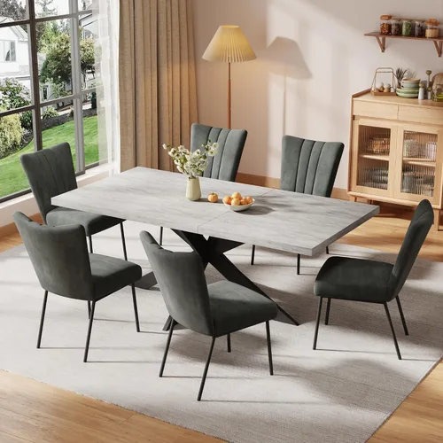Vista 9 de ZckyCine Juego de mesa de comedor extensible de 6 piezas, moderna mesa de madera gris de 63 a 79 pulgadas con 6 sillas de tela gris, mesa de comedor