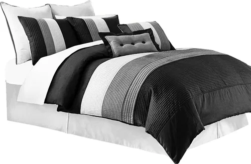 Vista 6 de Chezmoi Collection Loft - Juego de edredón de lujo a rayas de 8 piezas (tamaño matrimonial, negro/gris/blanco)