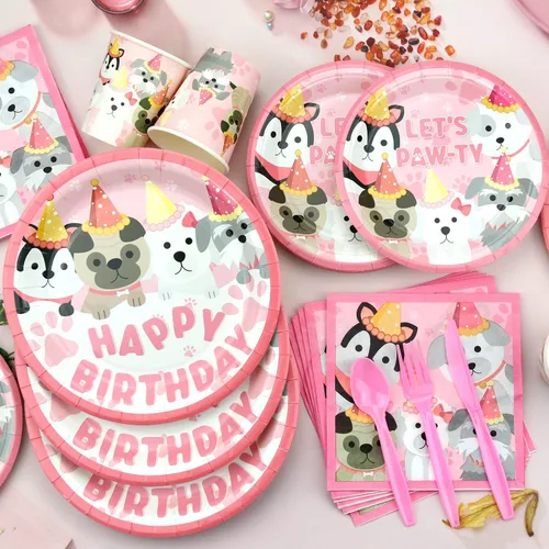 Vista 3 de KEFAN Suministros de fiesta de perro, vajilla de cumpleaños de pata de perro rosa, incluye platos de perro rosa, vasos, servilletas, mantel, telón