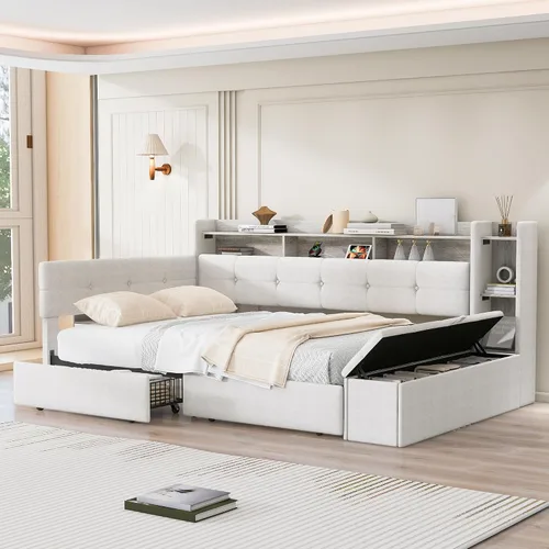 Vista 10 de Cama Diván Moderna Tamaño Twin XL con Cinturón LED y Cama Nido, Marco de Cama Plataforma de Madera con Cabecera Tapizada con Almacenamiento, Sofá