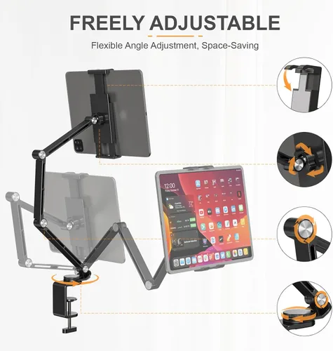 Vista 3 de Houele Soporte para Tableta, Brazo Plegable Ajustable para Tableta iPad Soporte de Escritorio con Base Giratoria de 360°, Soporte para Teléfono