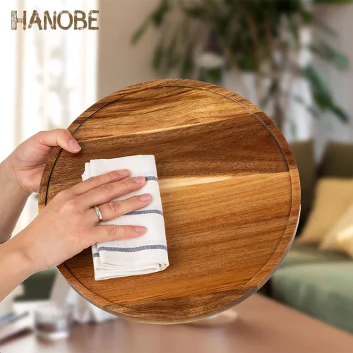 Vista 4 de Hanobe Bandeja de madera Lazy Susan: mesa giratoria redonda de madera de acacia bandejas decorativas para mesa de centro de mesa de centro de mesa
