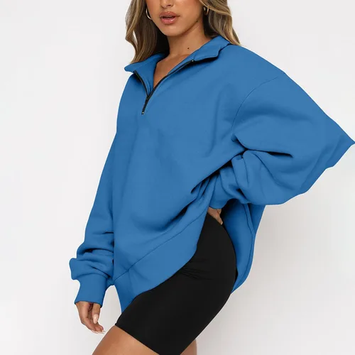 Vista 2 de Sudaderas con capucha para mujer, con media cremallera, de vellón, con cremallera de un cuarto, trajes de otoño, sudaderas con capucha