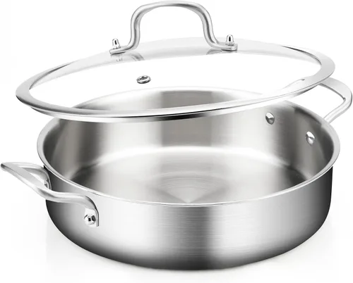 Vista 10 de Yeksum Sartén de acero inoxidable de tres capas, 7 cuartos de galón, sartén de 12 pulgadas de profundidad con tapas, sartén grande de 3 capas
