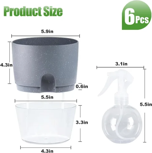 Vista 2 de Oliz - Macetas de 6 pulgadas con riego automático para plantas de interior, juego de 6 macetas de plástico gris con agujeros de drenaje