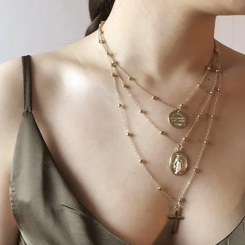 Vista 2 de Tiande - Collar con colgante de cruz de plata, varios capas, diseño de la Virgen María