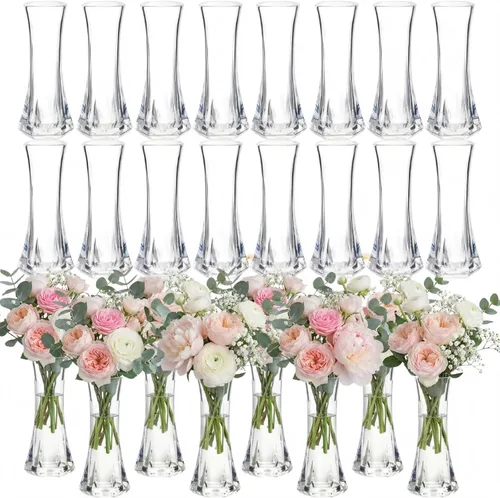 Vista 9 de Mumufy 24 piezas de jarrones de flores de plástico en masa, pequeños jarrones transparentes para centros de mesa, decoraciones de boda, banquetes