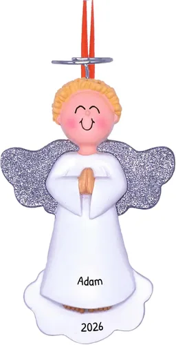 Vista 15 de Adorno de ángel personalizado 2025 – Adorno de ángel bebé rubio para niño, reloj de halo dorado, adornos de Navidad para bebé para alas de árbol